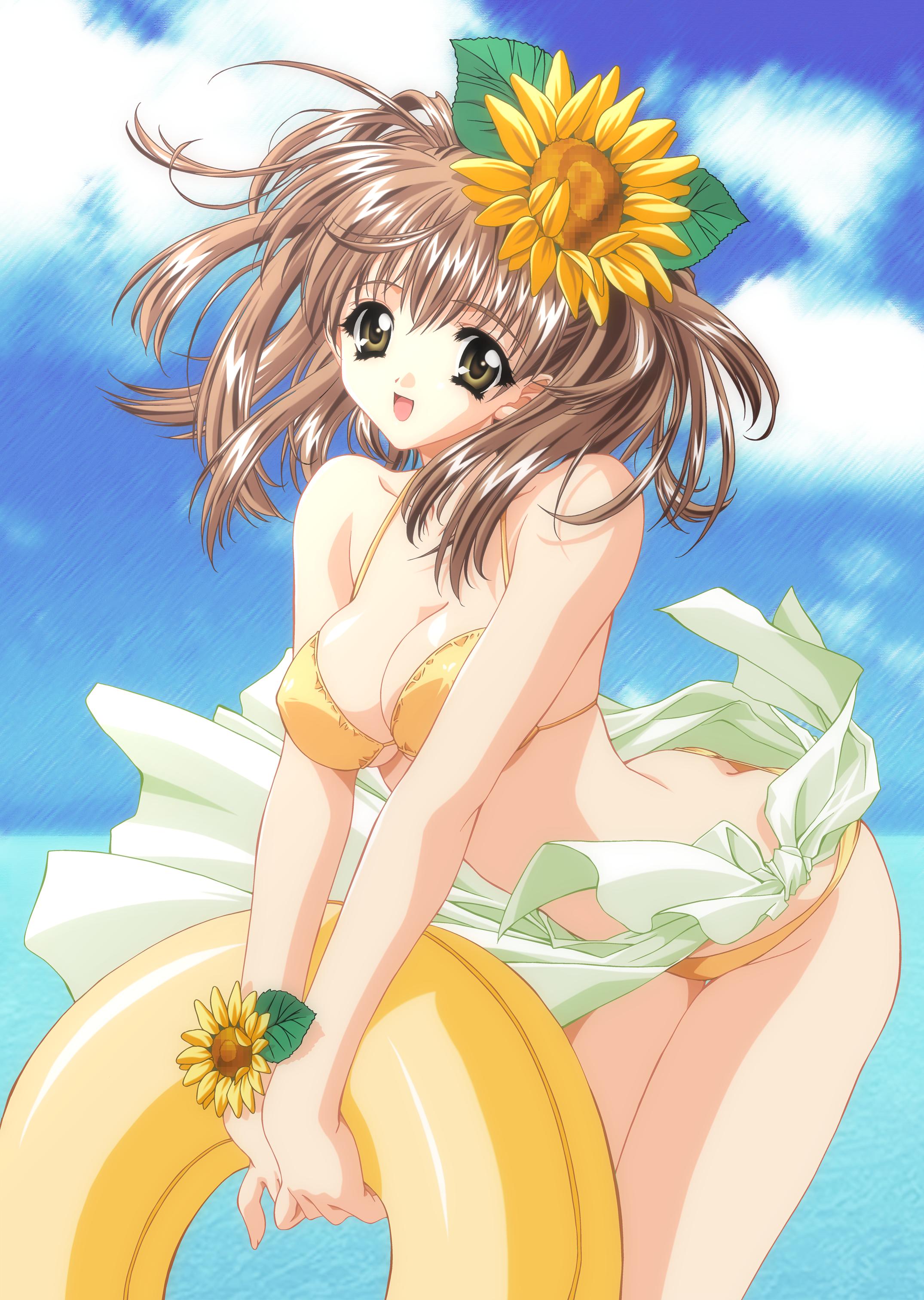 carnelian, absurdres, highres, scan, 1girl, bikini, brown hair, day, female focus, flower, innertube, leaning forward, sarong, short hair, smile, solo, sunflower, swim ring, swimsuit, yellow bikini