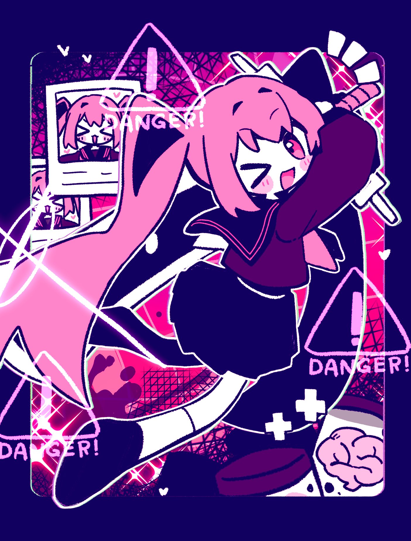 higiki, original, commentary request, highres, > o, 1girl, ;d, black sailor collar, black shoes, black skirt, blue border, blush stickers, border, full body, holding, holding sword, holding weapon, long hair, long sleeves, looking at viewer, one eye closed, open mouth, outline, outside border, pink background, pink eyes, pink hair, pleated skirt, purple shirt, sailor collar, school uniform, serafuku, shirt, shoes, sign, skirt, smile, socks, solo, sword, twintails, warning sign, weapon, white outline, white socks