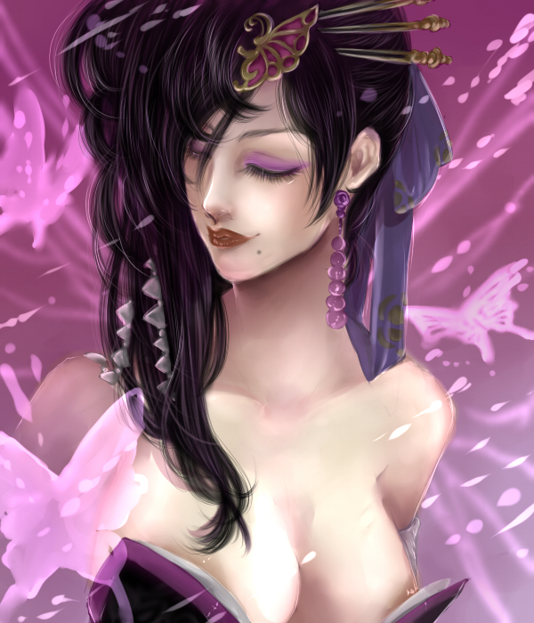 lion103, no (sengoku musou), sengoku musou, sengoku musou 2, 1girl, bare shoulders, black hair, breasts, cleavage, closed eyes, dress, earrings, eyeshadow, female focus, hair ornament, jewelry, lips, lipstick, long hair, makeup, mole, solo, strapless, strapless dress