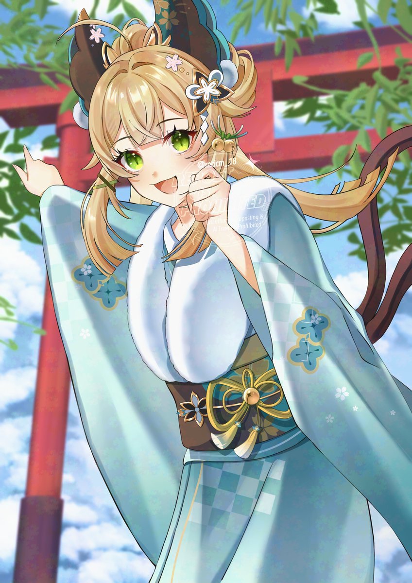 watatai, kirara (genshin impact), genshin impact, commentary request, highres, 1girl, alternate costume, bell, black sash, blonde hair, blue kimono, day, fur-trimmed kimono, fur trim, green eyes, hair bell, hair between eyes, hair ornament, hands up, japanese clothes, jingle bell, kimono, long hair, looking at viewer, multiple tails, obi, open mouth, outdoors, pointing, sash, solo, tail, two tails, watermark