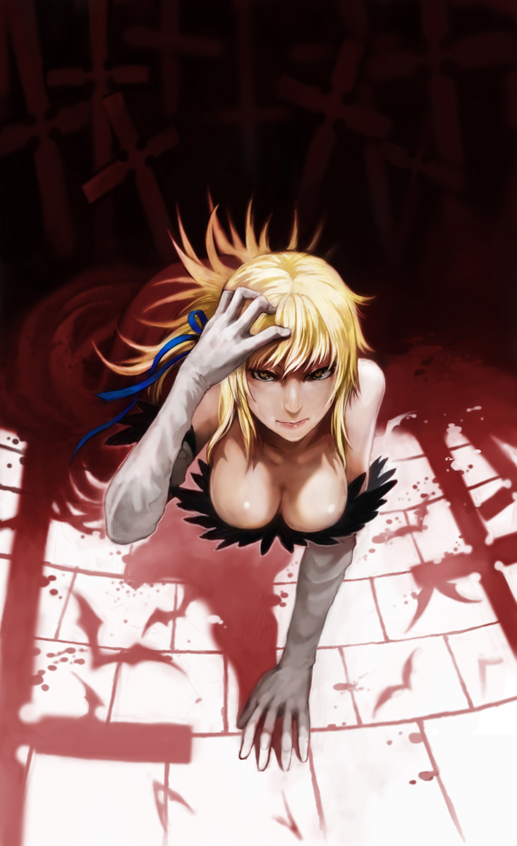 lack, kiss-shot acerola-orion heart-under-blade, oshino shinobu, bakemonogatari, monogatari (series), bad id, bad pixiv id, highres, 00s, 1girl, bare shoulders, bat (animal), bent over, blonde hair, bow, breasts, brown eyes, cleavage, cross, downblouse, elbow gloves, female focus, gloves, hair bow, hair ribbon, large breasts, lips, long hair, ribbon, shadow, solo