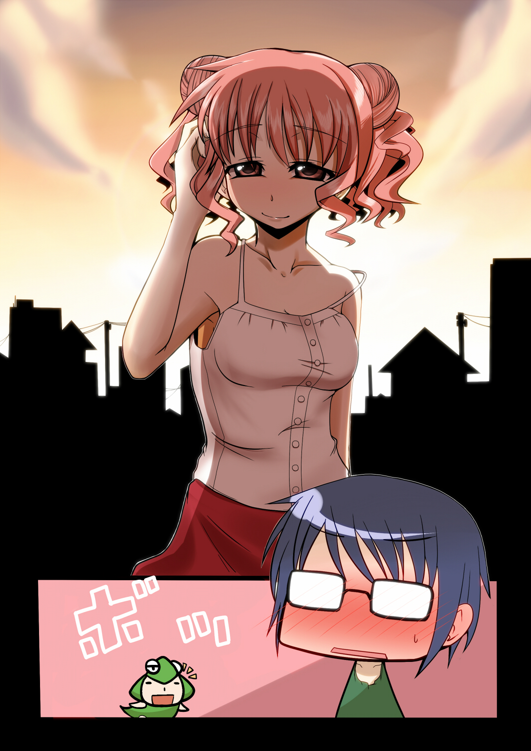 kurosawa-san, kurosawa shouichi, hiro (hidamari sketch), sae (hidamari sketch), ume-sensei, hidamari sketch, highres, 00s, 2girls, blue hair, blush, double bun, glasses, hair bun, multiple girls, pink hair, short hair, strap slip, sunset, twintails, wide face
