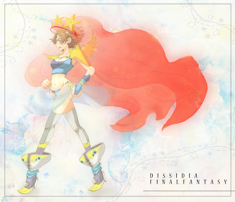 sanao, bartz klauser, dissidia final fantasy, final fantasy, final fantasy v, gender request, 1990s (style), 1girl, boots, breasts, bridal gauntlets, brown hair, cape, cleavage, earrings, female focus, full body, genderswap, grey eyes, high heels, jewelry, midriff, shoes, short hair, shoulder pads, solo, thighhighs, tiara