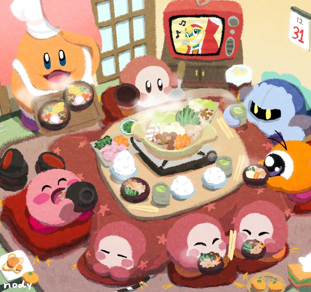 nody (nody lowmoo), chef kawasaki, king dedede, kirby, meta knight, waddle dee, waddle doo, kirby (series), nintendo, commentary request, ^ ^, blue eyes, blush stickers, bowl, chef hat, chopsticks, closed eyes, cup, eating, food, fruit, hat, holding, holding ladle, indoors, kotatsu, ladle, mandarin orange, mask, no humans, one-eyed, open mouth, rice, signature, soup, table, television, white hat