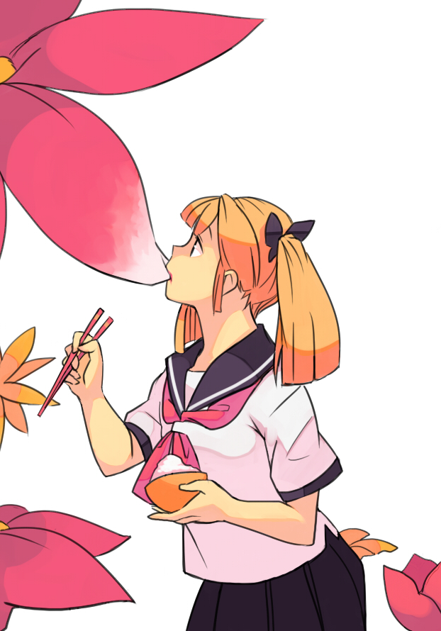 nekogasuki, bad id, bad pixiv id, biting, blonde hair, chopsticks, eating, flower, rice, school uniform, serafuku, short twintails, solo, twintails