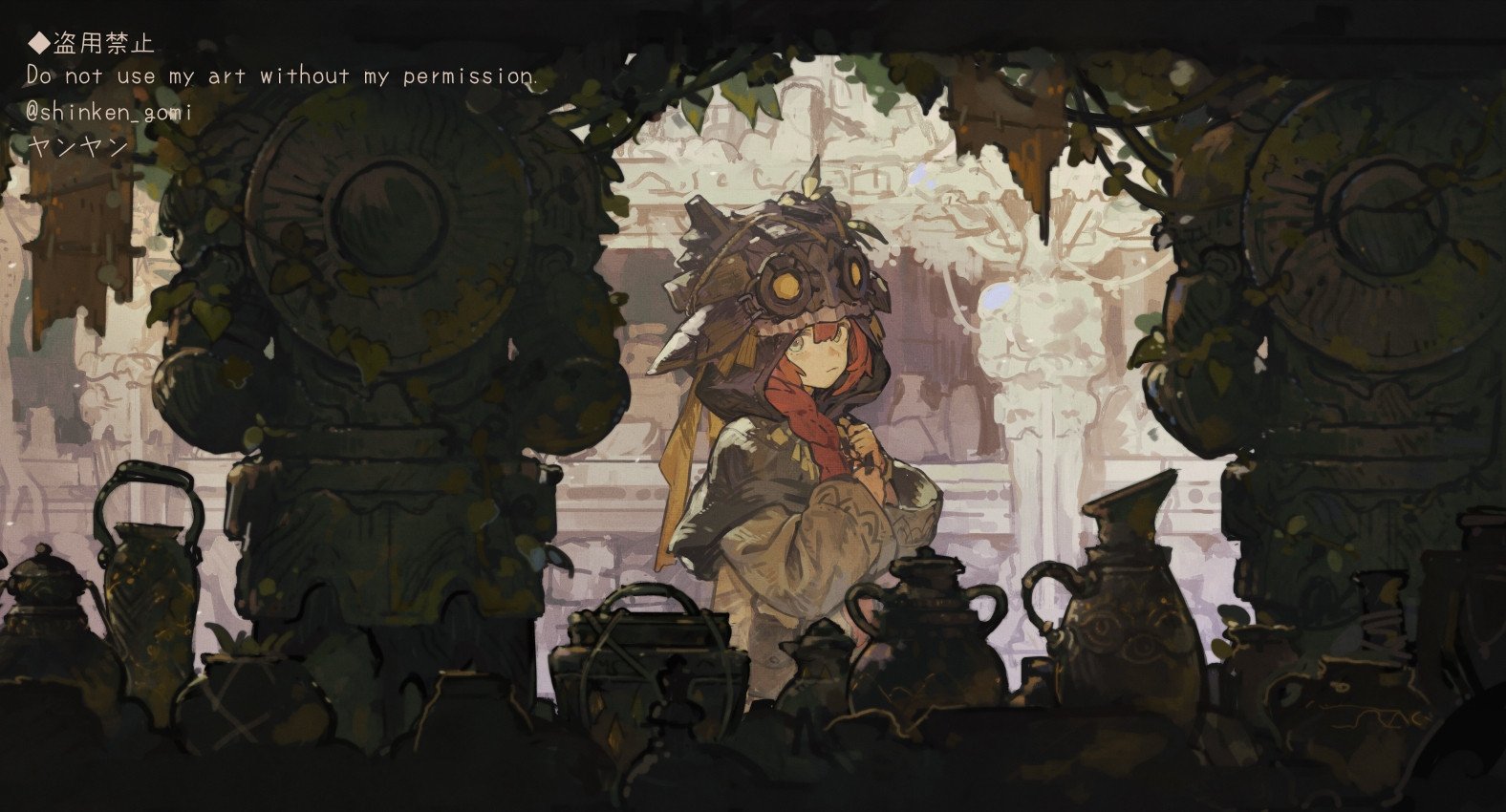 yanyan (shinken gomi), original, commentary request, 1girl, braid, closed mouth, fantasy, green eyes, hands on own chest, hood, long hair, scenery, solo