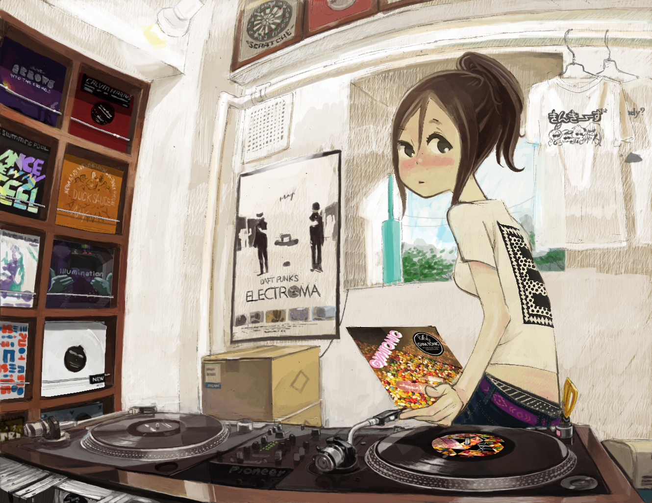 (stag), lucky star, 00s, 1girl, box, brown hair, cardboard box, dj, female focus, fisheye, indoors, mixer, phonograph, ponytail, short hair, solo, turntable, vinyl record, window