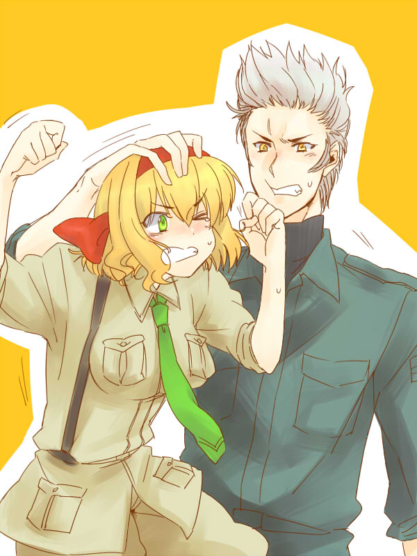 kitajima azuma, belgium (hetalia), netherlands (hetalia), axis powers hetalia, hand on head, bad id, bad pixiv id, 00s, 1boy, 1girl, blonde hair, brother and sister, green eyes, grey hair, hair ribbon, headpat, military, military uniform, necktie, ribbon, siblings, sideburns, sleeves rolled up, yellow eyes
