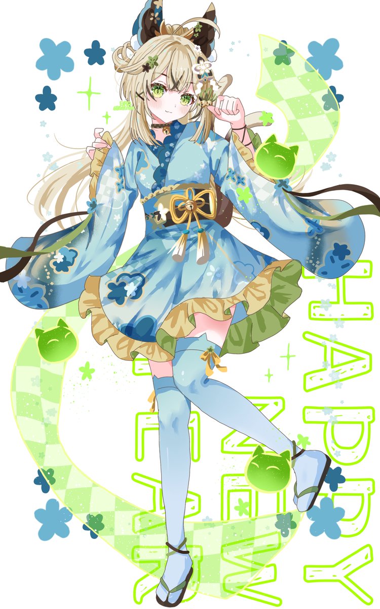hitsuki (ruon), kirara (genshin impact), genshin impact, commentary request, highres, 1girl, alternate costume, bell, blonde hair, blue kimono, blue thighhighs, blush, closed mouth, floral print, floral print kimono, green eyes, hair bell, hair between eyes, hair ornament, hands up, japanese clothes, jingle bell, kimono, kimono skirt, long hair, looking at viewer, print kimono, solo, tassel, thighhighs, very long hair