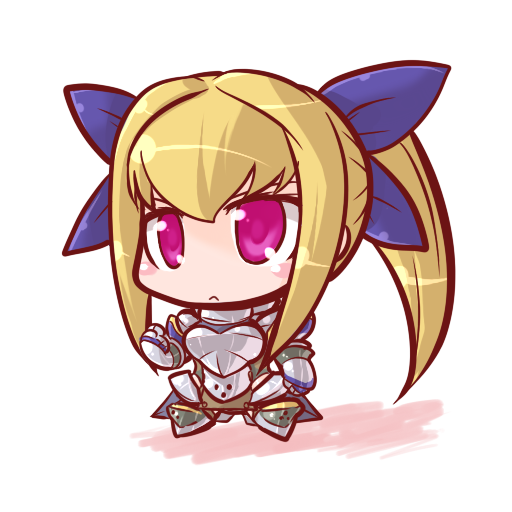 darui hito, sakia-rumei, ar tonelico, ar tonelico iii, gust, 00s, 1girl, :<, armor, blonde hair, blush, chibi, faulds, female focus, full body, gauntlets, greaves, hair ribbon, long hair, pauldrons, pink eyes, ponytail, ribbon, shoulder armor, simple background, solo, white background