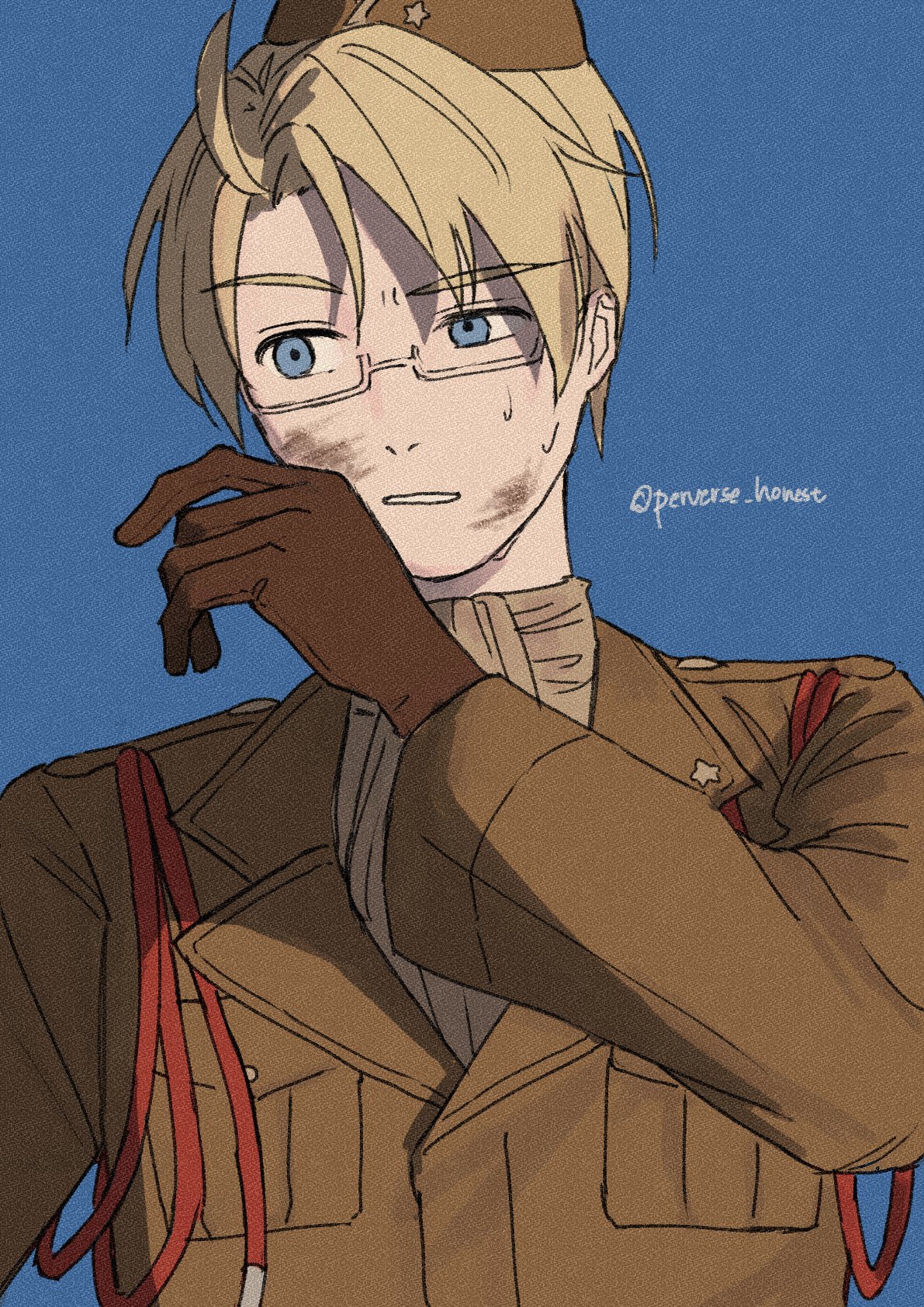 america (hetalia), axis powers hetalia, united states army, commentary request, highres, 1boy, ahoge, aiguillette, artist name, ascot, black gloves, blonde hair, blue background, blue eyes, breast pocket, brown gloves, brown hat, brown jacket, glasses, gloves, hair between eyes, hand up, hat, hat ornament, jacket, lapels, long sleeves, looking to the side, male focus, military, military hat, military jacket, military uniform, perverse honest, pocket, semi-rimless eyewear, shirt, short hair, simple background, solo, star (symbol), star hat ornament, star print, sweat, teeth, upper body, white ascot, white shirt, wide sleeves