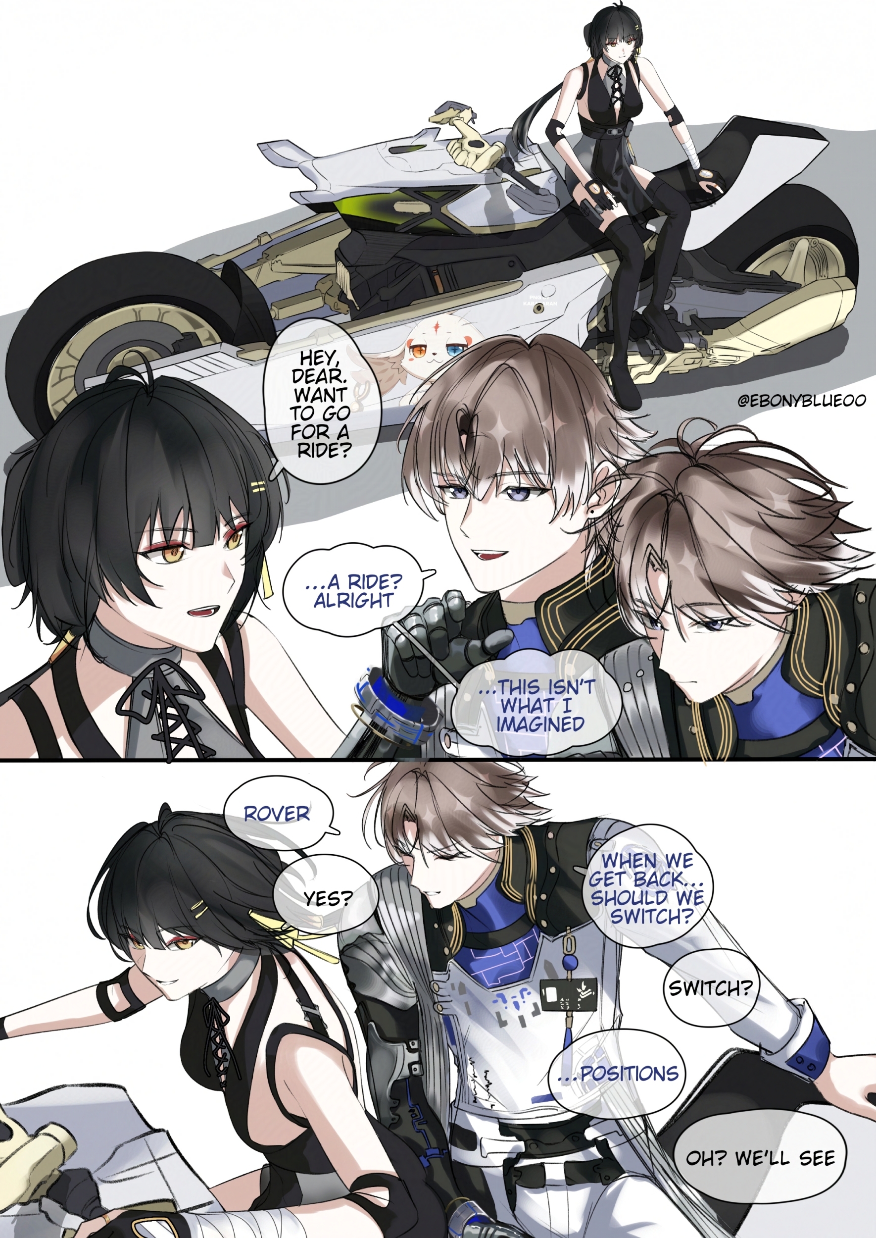 ebonyblue00, female rover (wuthering waves), rover (wuthering waves), xiangli yao (wuthering waves), wuthering waves, absurdres, commentary, english commentary, highres, 1boy, 1girl, bare shoulders, black dress, black hair, blue eyes, blue shirt, breasts, brown hair, coat, dress, english text, looking at another, mechanical arms, mechanical hands, medium breasts, motor vehicle, motorcycle, pants, shirt, single mechanical arm, single mechanical hand, smile, twitter username, white coat, white pants, yellow eyes