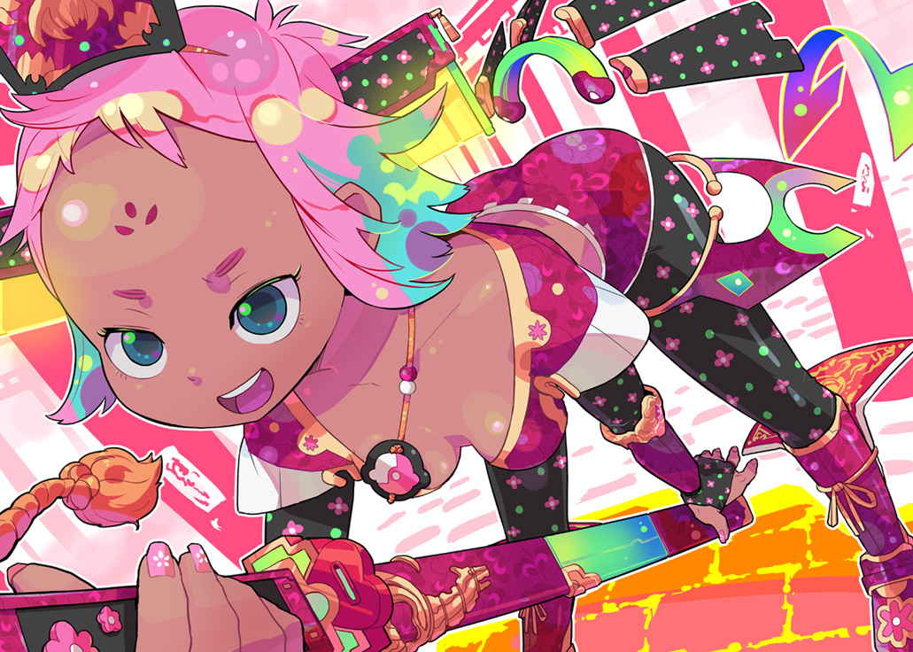 mitarashi, mitarashi (ino niban chaya), 1girl, breasts, cleavage, colorful, dark-skinned female, dark skin, facial mark, female focus, forehead, green eyes, multicolored hair, pantyhose, pink hair, solo