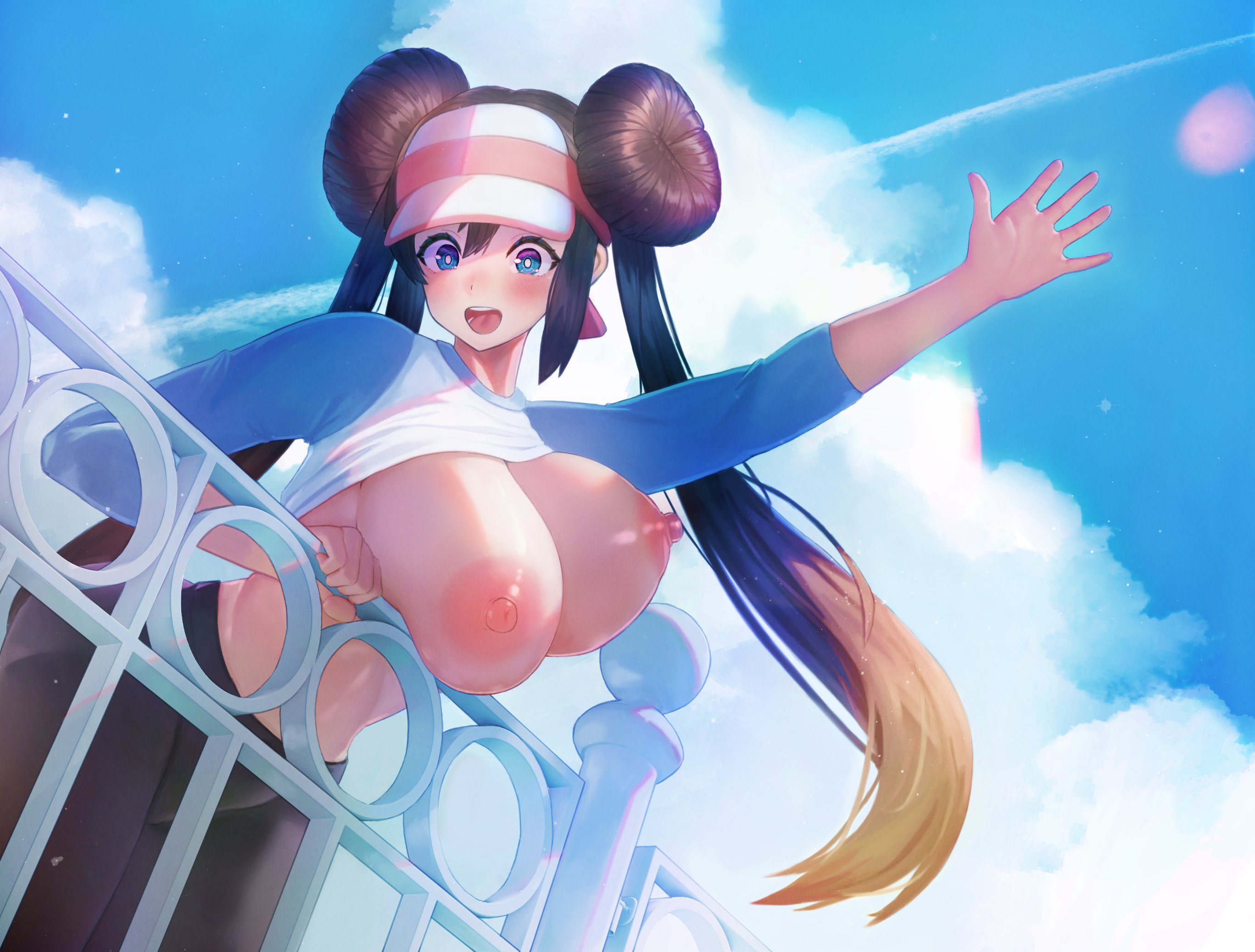 noperori, rosa (pokemon), nintendo, pokemon, pokemon bw2, 1girl, against railing, balcony, black hair, black pants, blonde hair, blue eyes, blush, breasts, breasts out, bright pupils, clothes lift, double bun, hair bun, large breasts, leaning forward, leggings, long hair, long twintails, multicolored hair, nipples, open mouth, outdoors, pants, public indecency, public nudity, railing, shirt lift, sky, solo, standing, twintails, visor cap, waving, white pupils