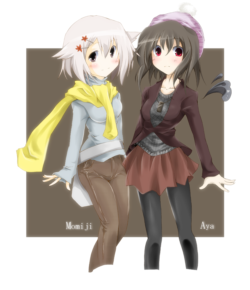 kichi (takane), inubashiri momiji, shameimaru aya, touhou, silver hair, 2girls, alternate costume, black hair, contemporary, female focus, multiple girls, pantyhose, red eyes, scarf, short hair, skirt