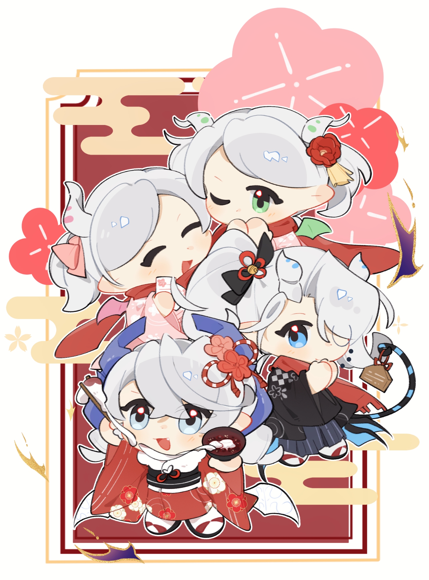 arianna the labrynth servant, arianne the labrynth servant, arias the labrynth butler, lovely labrynth of the silver castle, yu-gi-oh!, hashtag-only commentary, highres, tagme, blonde hair, blue eyes, chibi, chibi only, demon girl, demon horns, duel monster, food, green eyes, grey hair, holding, holding food, horns, japanese clothes, kimono, new year, ranko1433, red kimono, red scarf, scarf, tail