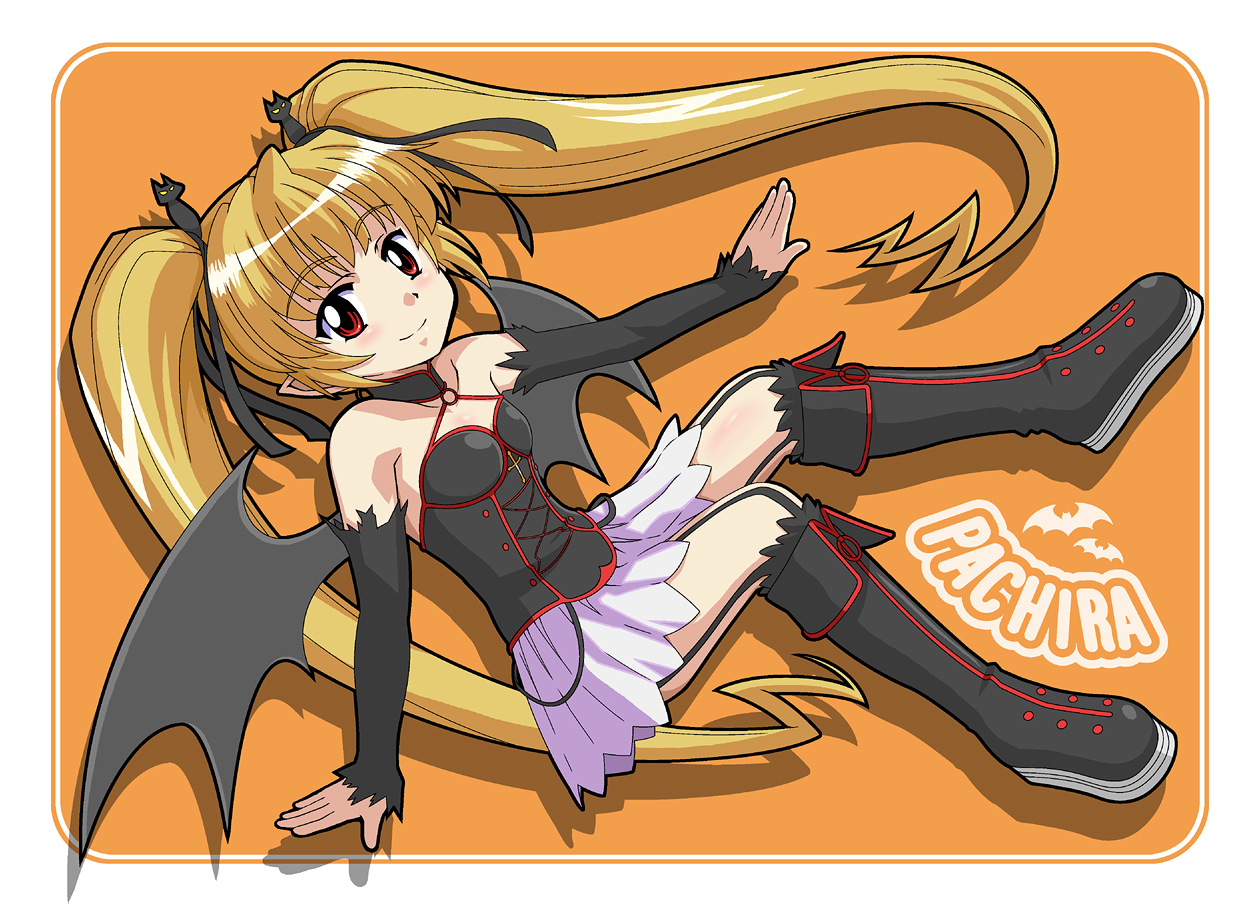 ki (adotadot), pachira, renkin san-kyuu magical pokaan, bare shoulders, bat (animal), bat wings, blonde hair, boots, choker, detached sleeves, hair ribbon, knee boots, long hair, pointy ears, red eyes, ribbon, skirt, solo, twintails, wings