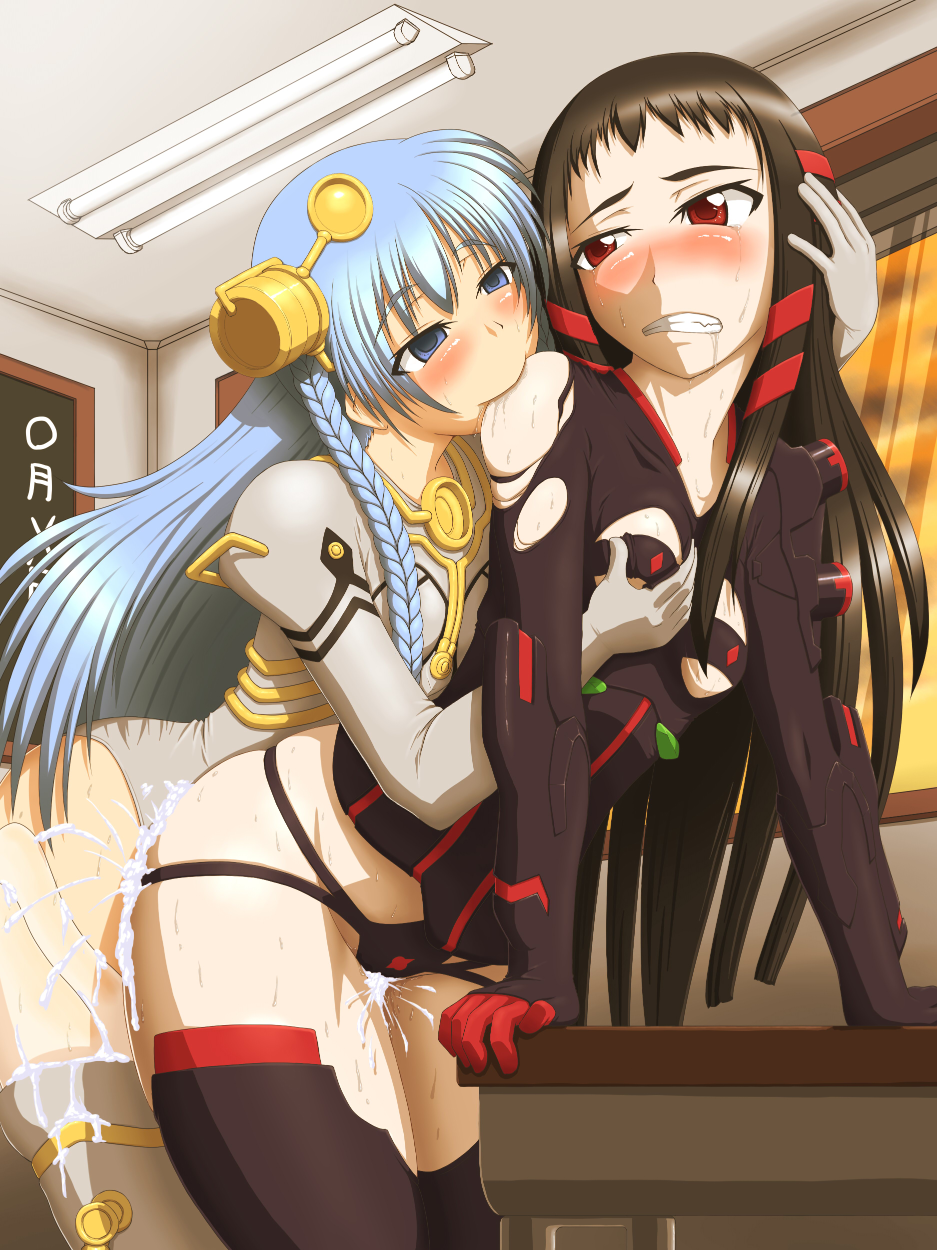 taro, jakuri (ar tonelico), shurelia (ar tonelico), ar tonelico, ar tonelico i, ar tonelico ii, gust, lights, multicolored legwear, striped, absurdres, highres, 00s, 1futa, 1girl, arm support, armor, bare shoulders, bent over, biting, black hair, black thighhighs, blue eyes, blush, bodysuit, braid, breasts, ceiling, chalkboard, classroom, clenched teeth, clothed sex, clothing cutout, cum, cum in pussy, cum on ass, cum on body, cum on clothes, cum on lower body, desk, doggystyle, empty eyes, eye contact, fang, futa with female, futanari, gloves, grabbing another's breast, grabbing from behind, groin, groping, hair ornament, hand on another's head, headgear, highleg, highleg leotard, implied futanari, indoors, leotard, long hair, looking at another, multicolored hair, nose blush, pale skin, pauldrons, pussy juice, red eyes, red hair, saliva, school, school desk, see-through clothes, sex, sex from behind, shoulder armor, side braid, skindentation, small breasts, streaked hair, sunset, sweat, tears, teeth, thighhighs, thighs, torn clothes, torn leotard, two-tone hair, underboob, underboob cutout, vaginal, vambraces, vertical stripes, very long hair, white hair, white thighhighs, window