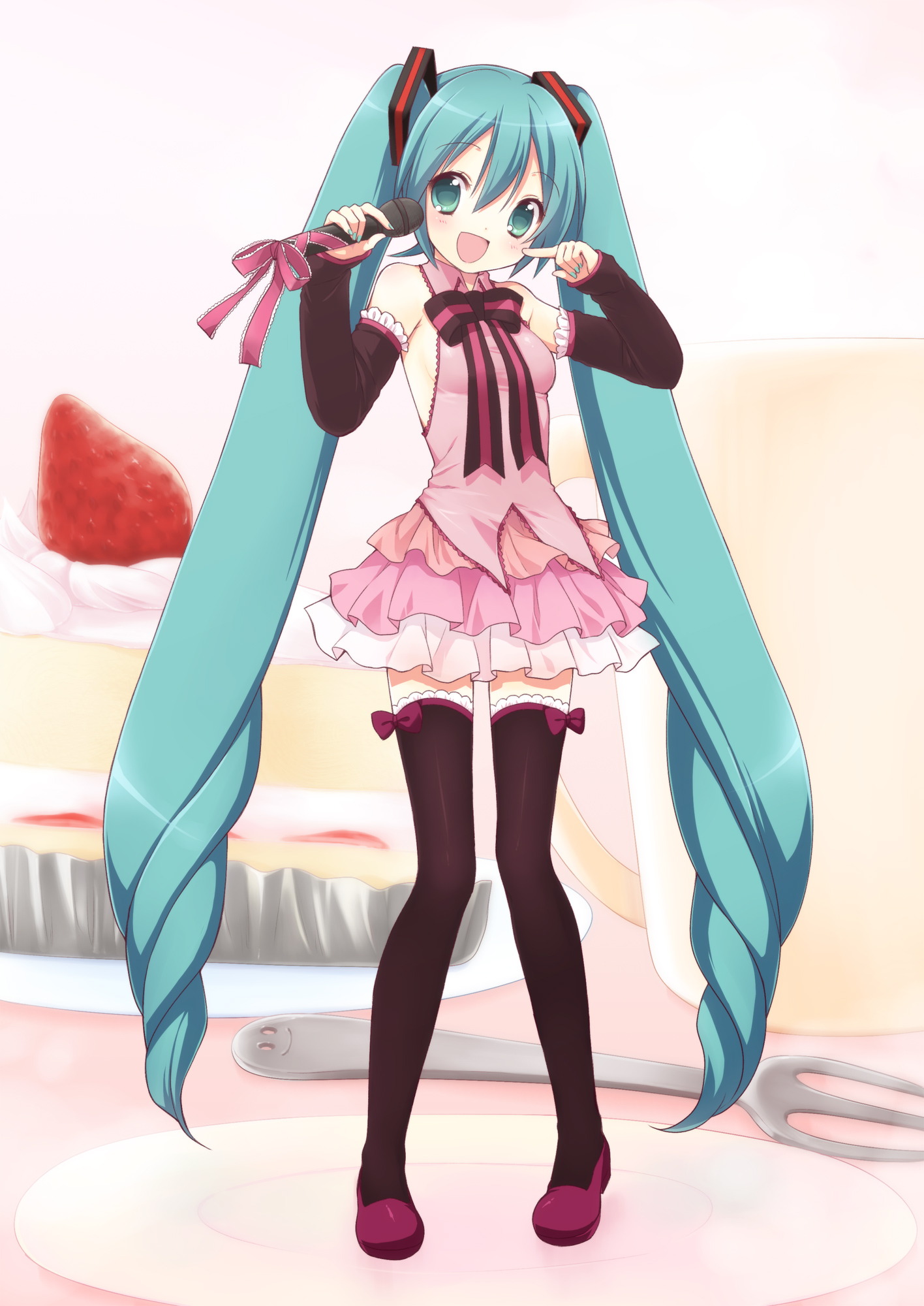 usashiro mani, hatsune miku, vocaloid, bad id, bad pixiv id, highres, 1girl, adapted costume, aqua eyes, aqua hair, aqua nails, arm warmers, bare shoulders, bow, cake, dress, drill hair, female focus, food, fork, fruit, in food, legs, long hair, microphone, mini person, minigirl, nail polish, on plate, open mouth, pastry, pointing, smile, solo, strawberry, thighhighs, twintails, very long hair, zettai ryouiki