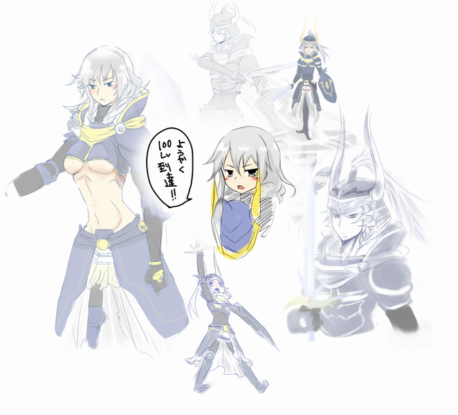 hamonyan, warrior of light (ff1), dissidia final fantasy, final fantasy, gender request, 1girl, armor, breasts, female focus, genderswap, grey hair, helmet, long hair, midriff, shield, solo, sword, underboob, weapon, white background