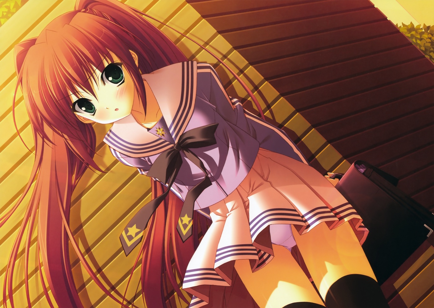 suzuhira hiro, izumi sora, stellar theater, 1girl, bag, dutch angle, female focus, green eyes, panties, pantyshot, red hair, ribbon, school bag, school uniform, skirt, solo, thighhighs, twintails, underwear