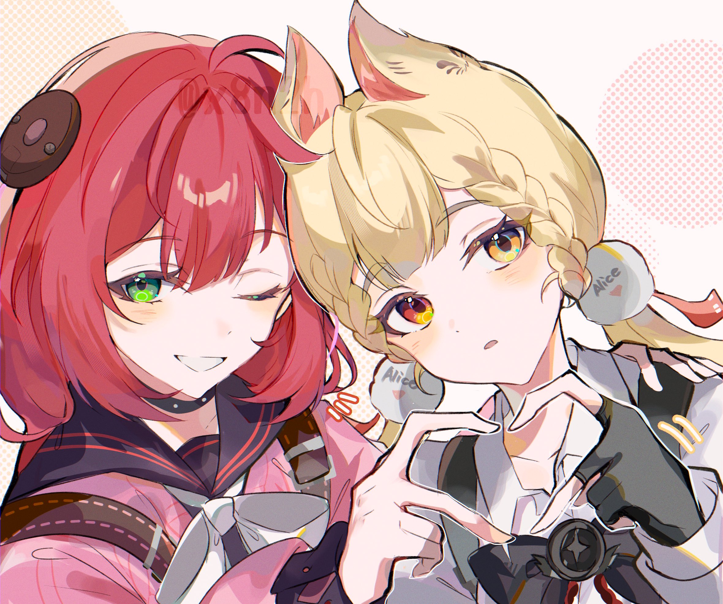 alice thymefield, ukinami yuzuha, zenless zone zero, commentary request, highres, 2girls, animal ear fluff, animal ears, black gloves, black sailor collar, blonde hair, blush, cardigan, chest bow, collarbone, fingerless gloves, gloves, grin, hair ornament, head tilt, hearing aid, heterochromia, long hair, low twintails, multiple girls, notice lines, one eye closed, open mouth, pink cardigan, portrait, rabbit ears, rabbit girl, red eyes, red hair, sailor collar, shirt, smile, sphere hair ornament, twintails, white shirt, x8n2h, yellow eyes