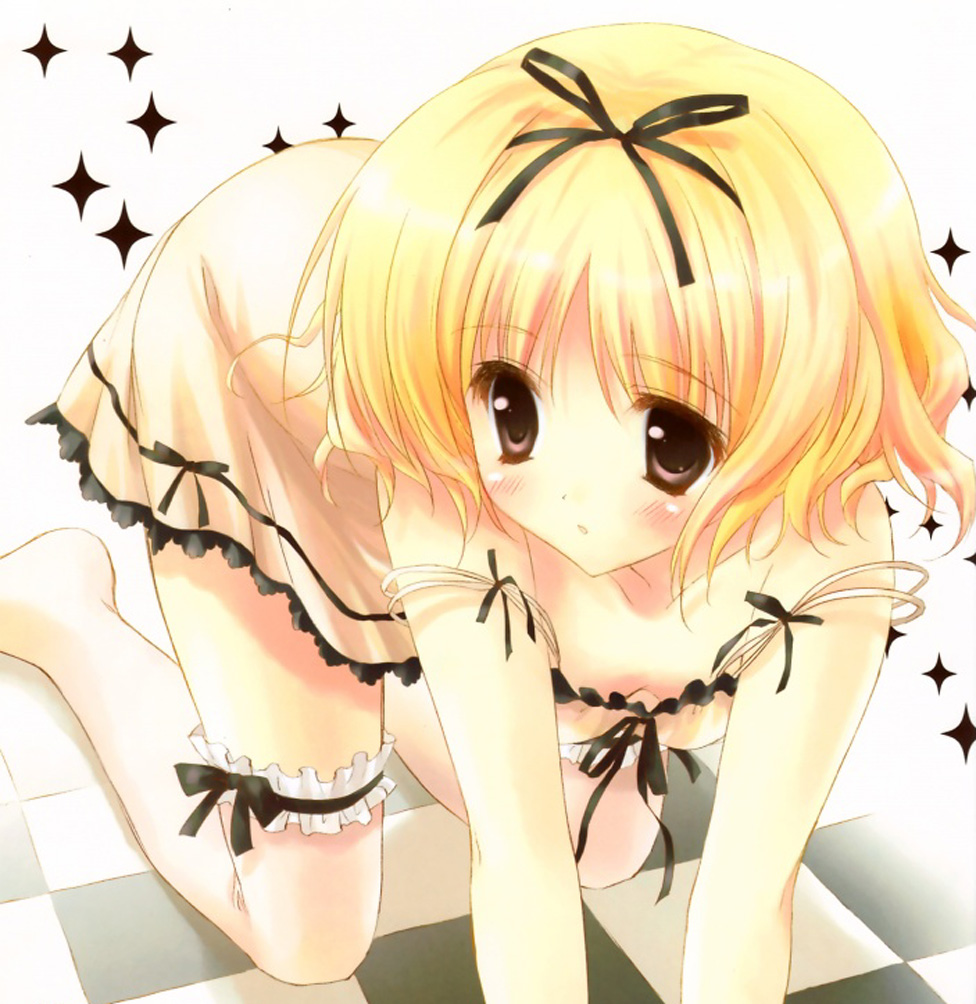 ryouka (suzuya), cropped, 1girl, blonde hair, brown eyes, checkered floor, female focus, hair ribbon, perspective, ribbon, solo, thighhighs