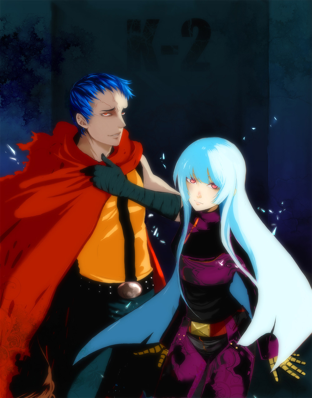 astronotus, k9999, kula diamond, snk, the king of fighters, bad id, bad pixiv id, highres, 1boy, 1girl, blue hair, gloves, long hair, red eyes