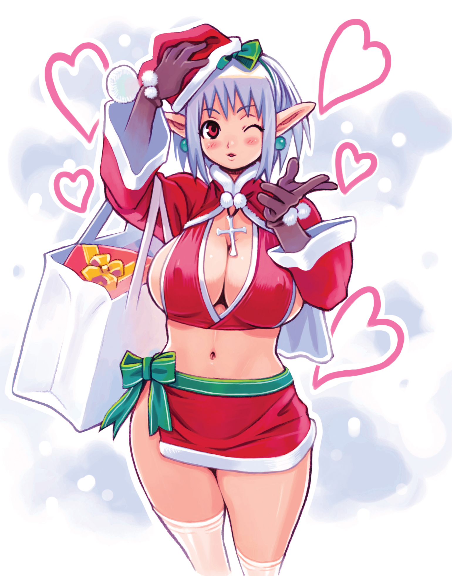 ryoji (nomura ryouji), mugen no fantasia, highres, 1girl, breasts, christmas, cleavage, covered erect nipples, cross, female focus, gift, hat, heart, hip focus, huge breasts, large breasts, one eye closed, pointy ears, red eyes, santa costume, santa hat, short hair, snow, solo, thighhighs, white hair, wide hips, wink