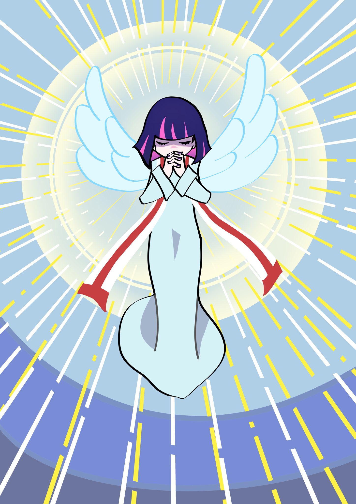stocking (psg), panty & stocking with garterbelt, hashtag-only commentary, highres, 1girl, angel, angel wings, blue hair, blunt bangs, breasts, church, closed eyes, colored inner hair, feathered wings, gothic lolita, lolita fashion, looking at viewer, miraizm, multicolored hair, official style, panty & stocking with garterbelt (style), pink hair, praying, priestess, purple hair, short hair, solo, sunlight, two-tone hair, wings