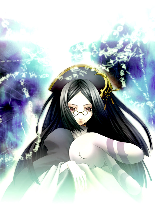 sei sumisiba, sumishiba sei, infel (ar tonelico), mimimi (ar tonelico), ar tonelico, ar tonelico ii, gust, 00s, 1girl, bangs pinned back, black hair, brown eyes, dress, female focus, glasses, hair ornament, hat, holding, holding stuffed toy, hymmnos, long hair, rabbit, solo, stuffed animal, stuffed rabbit, stuffed toy