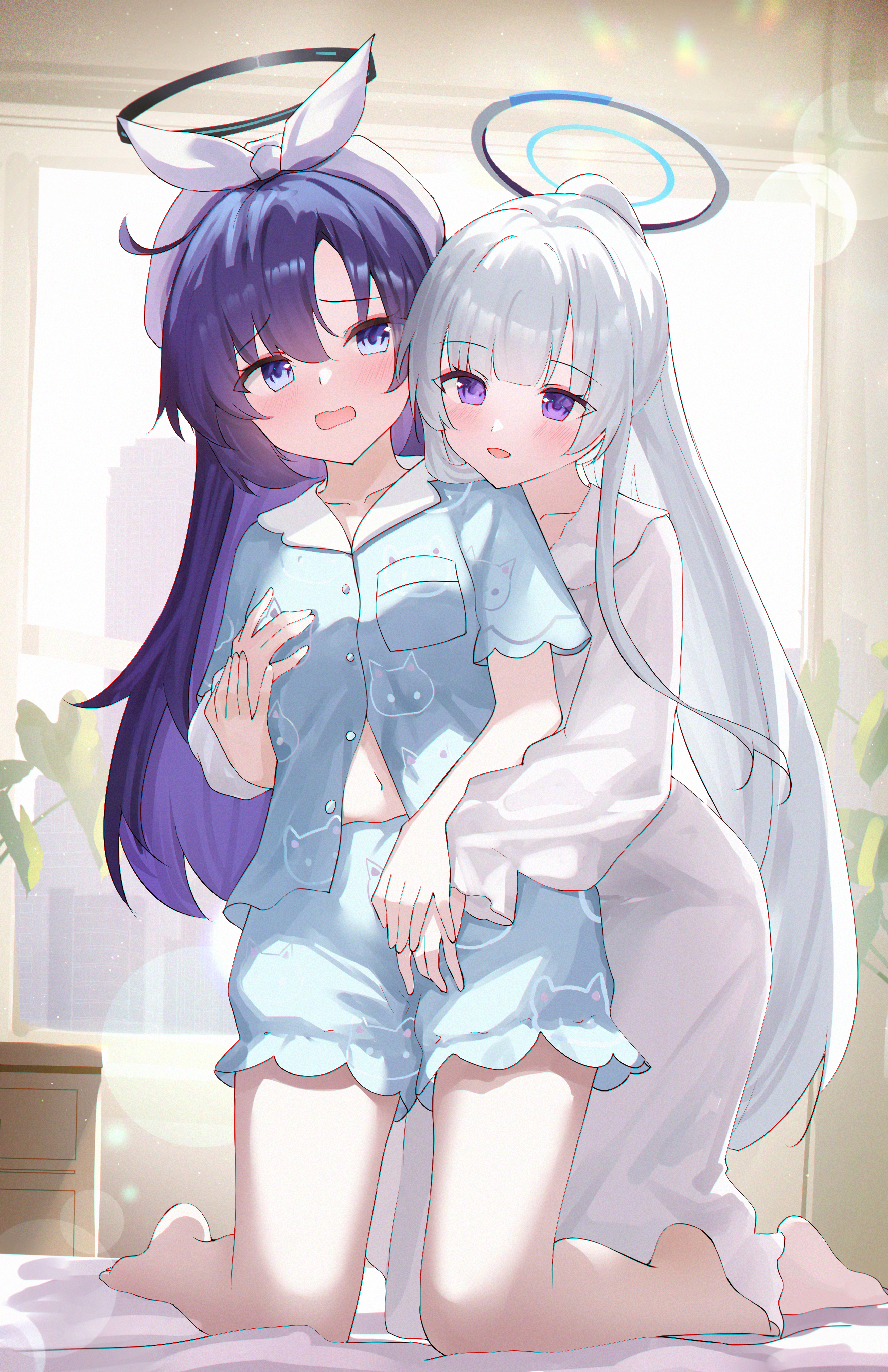usagi (786113654), noa (blue archive), noa (pajamas) (blue archive), yuuka (blue archive), yuuka (pajamas) (blue archive), blue archive, absurdres, commentary request, highres, 2girls, blue eyes, blue pajamas, blush, collarbone, hair between eyes, halo, hand on another's chest, kneeling, long hair, long sleeves, mechanical halo, multiple girls, navel, open mouth, pajamas, purple eyes, purple hair, short sleeves, sleepwear, smile, stomach, very long hair, white hair, white pajamas