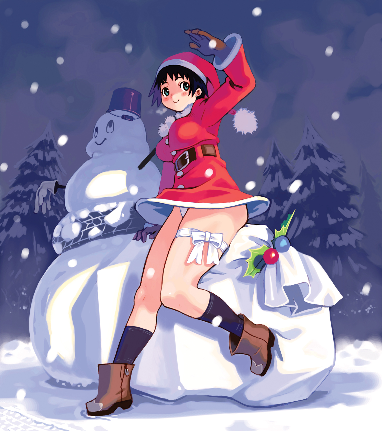 ryoji (nomura ryouji), highres, 1girl, blue eyes, boots, breasts, brown hair, female focus, hat, large breasts, panties, pantyshot, santa costume, santa hat, short hair, smile, snow, solo, underwear, unused tire