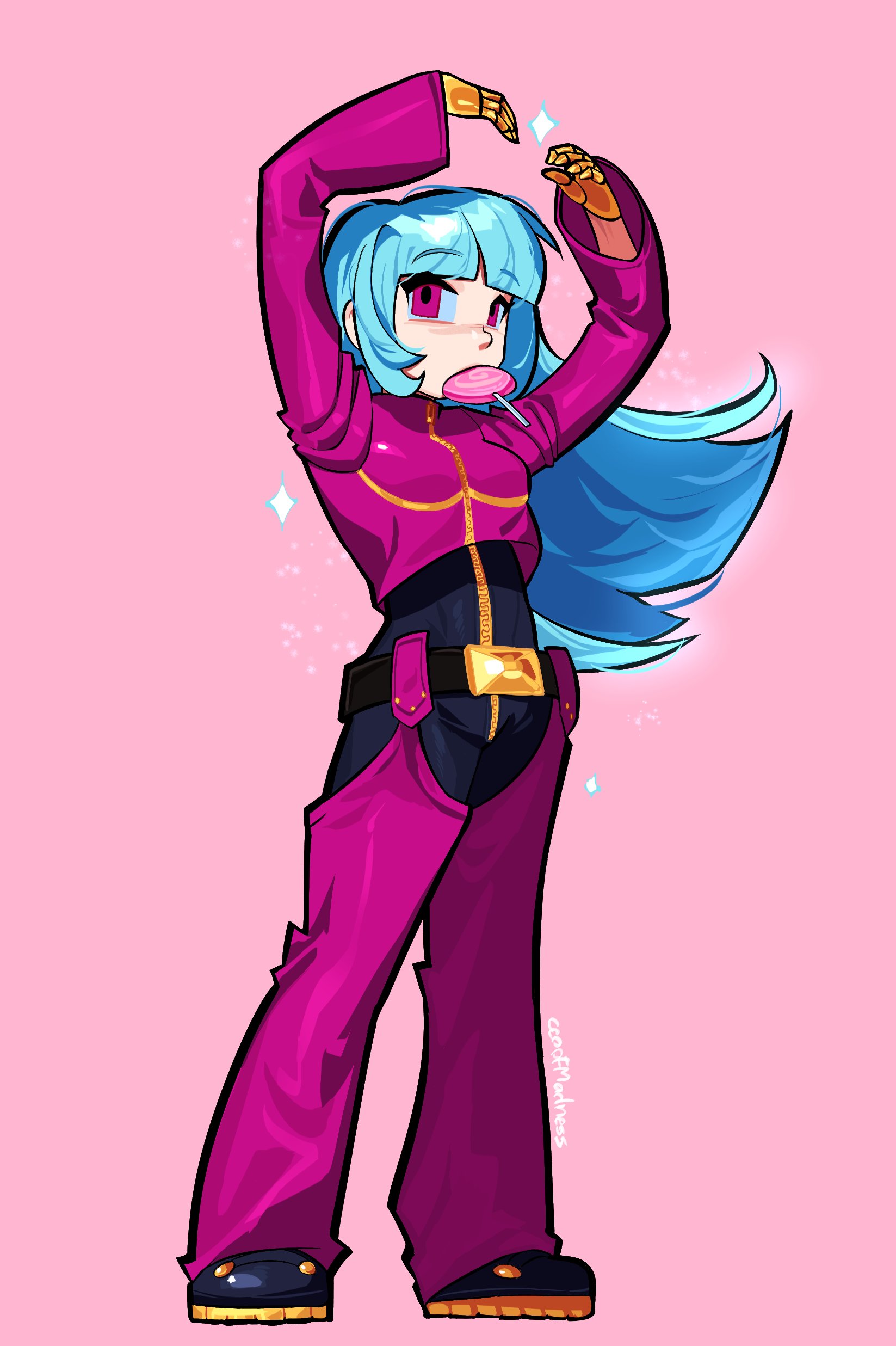 ceoofmadness, kula diamond, the king of fighters, absurdres, commentary, english commentary, highres, 1girl, alternate eye color, arms up, belt, belt buckle, black belt, black shoes, blue hair, blunt bangs, bodysuit, breasts, buckle, chaps, cropped jacket, gloves, jacket, lollipop in mouth, long hair, looking at viewer, pink background, pink eyes, pink jacket, shoes, simple background, small breasts, solo, sparkle, yellow gloves, zipper