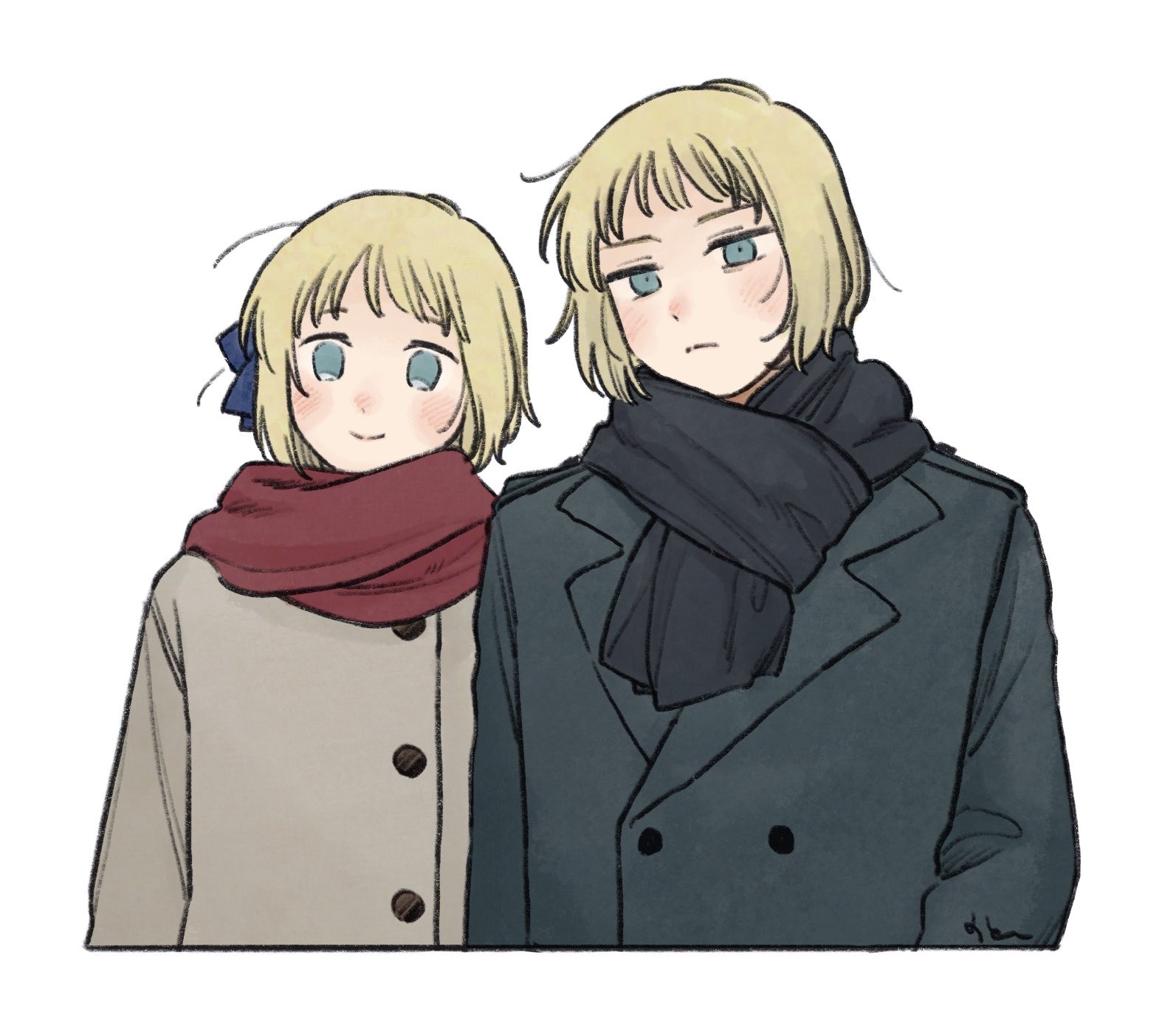mi aph to, liechtenstein (hetalia), switzerland (hetalia), axis powers hetalia, commentary request, highres, 1boy, 1girl, black scarf, blonde hair, blue bow, blue eyes, blush, bow, brother and sister, buttons, closed mouth, coat, empty eyes, green coat, grey coat, hair bow, lapels, long sleeves, looking at viewer, red scarf, scarf, short hair, siblings, simple background, smile, upper body, white background