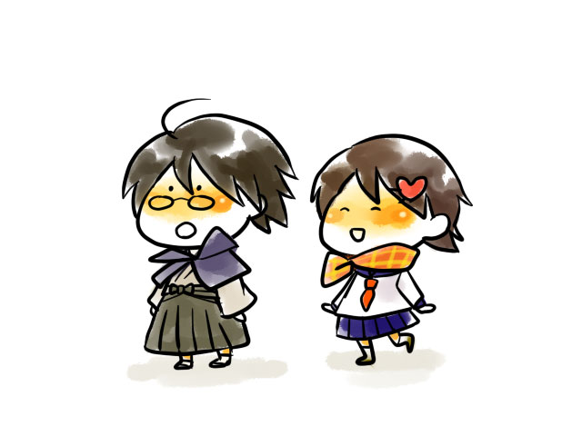 mochikoma (lalasoul), fuura kafuka, itoshiki nozomu, sayonara zetsubou sensei, 00s, :o, blush, chibi, glasses, school uniform, serafuku