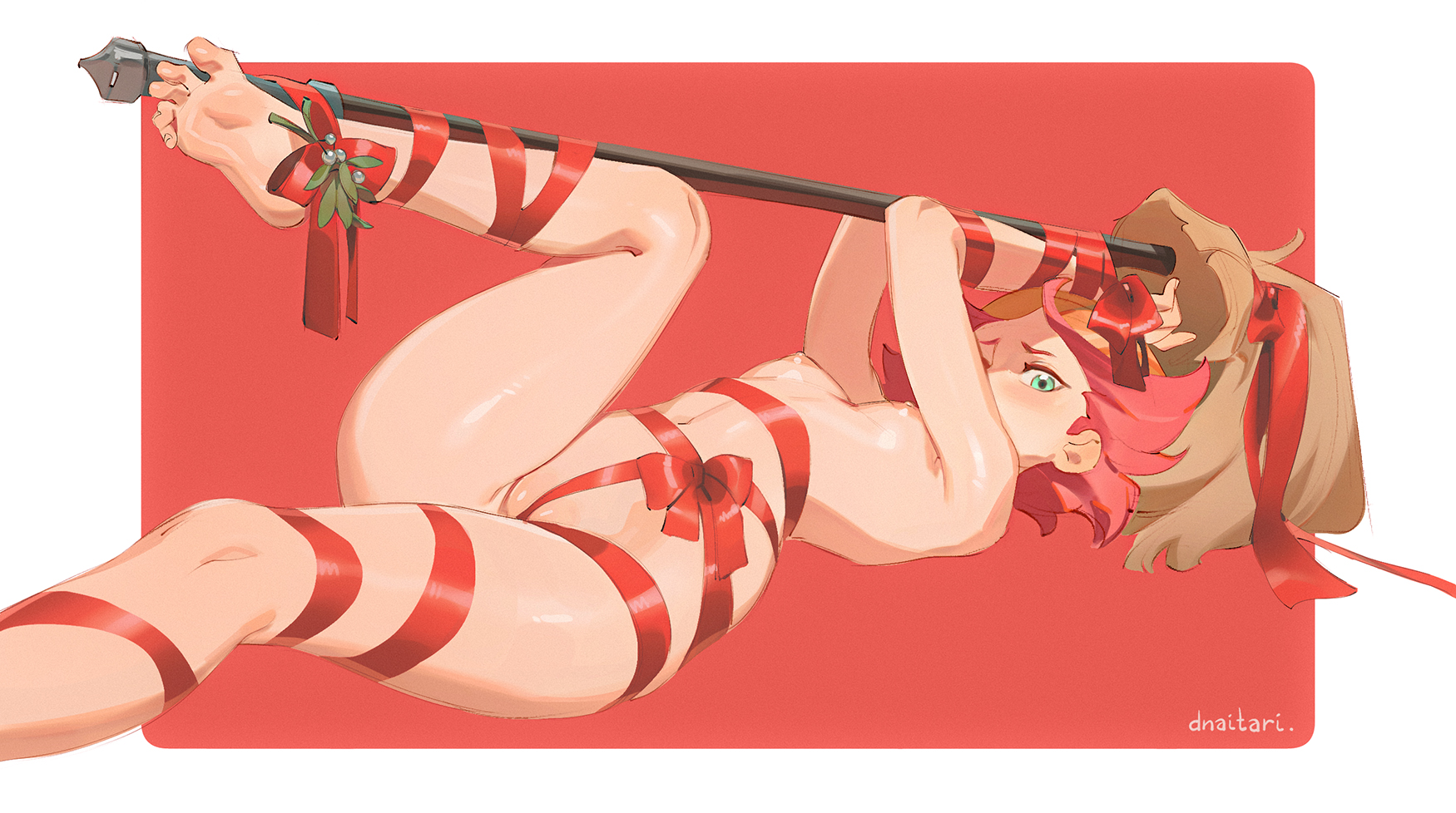 dnaitari, amanda o'neill, little witch academia, commentary, english commentary, highres, 1girl, barefoot, bdsm, bondage, bound, breasts, broom, christmas, feet, green eyes, legs, multicolored hair, naked ribbon, orange hair, ribbon, short hair, simple background, small breasts, soles, toes, two-tone hair