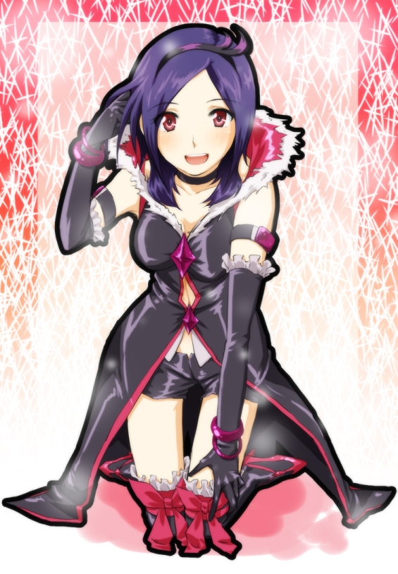 konnyaku kyuudai, eas (fresh precure!), higashi setsuna, fresh precure!, precure, black legwear, black neckwear, bad id, bad pixiv id, md5 mismatch, resolution mismatch, 1girl, armband, bike shorts, black boots, black gloves, black shorts, boots, bracelet, choker, cosplay, eas (cosplay), elbow gloves, female focus, gloves, hairband, jewelry, kneeling, purple hair, red eyes, short hair, shorts, smile, solo