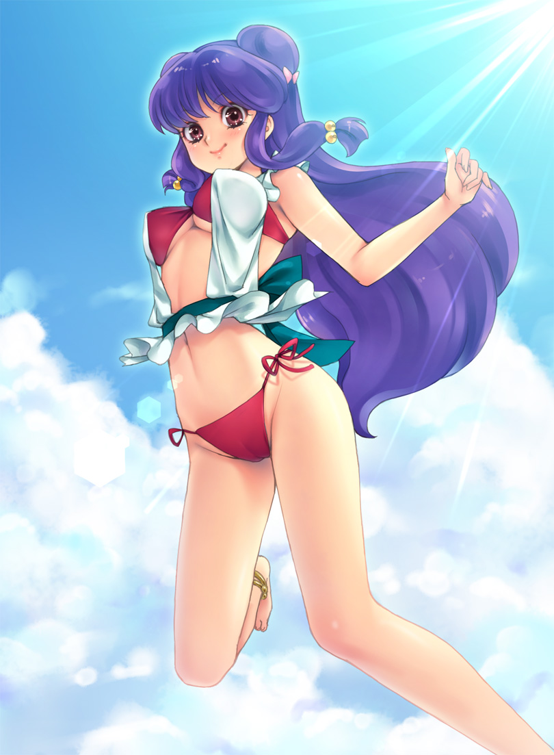 momoi komomo, shampoo (ranma 1/2), ranma 1/2, bad id, bad pixiv id, 1girl, anklet, barefoot, bikini, breasts, cameltoe, cleavage, cloud, day, feet, female focus, jewelry, large breasts, lens flare, light rays, long hair, purple hair, red bikini, side-tie bikini bottom, sky, smile, solo, sunbeam, sunlight, swimsuit, underboob