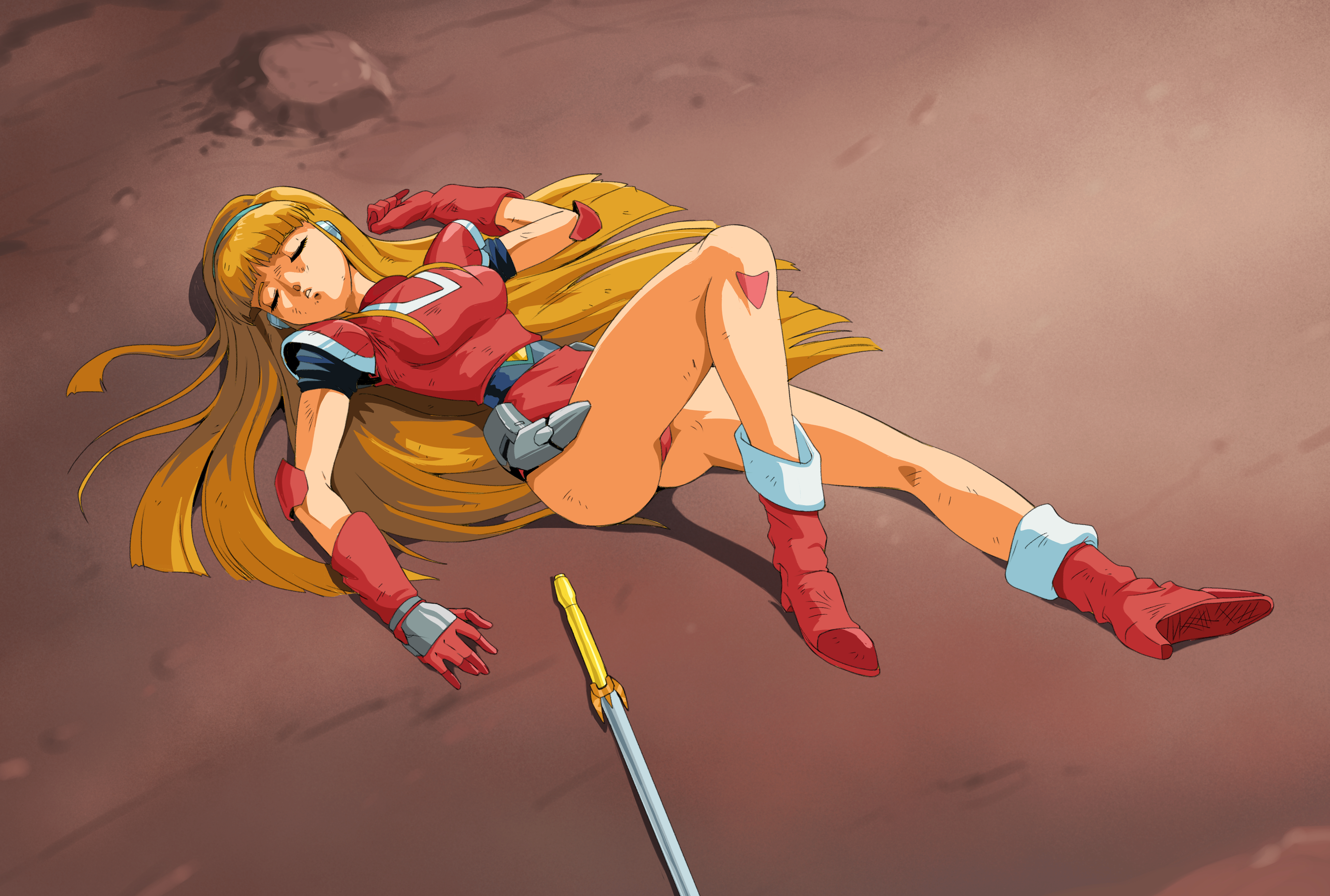phantommy, altiana, space hunter, absurdres, highres, 1girl, android, breasts, closed eyes, defeat, high heels, legs, lying, on back, red shoes, shoes, unconscious