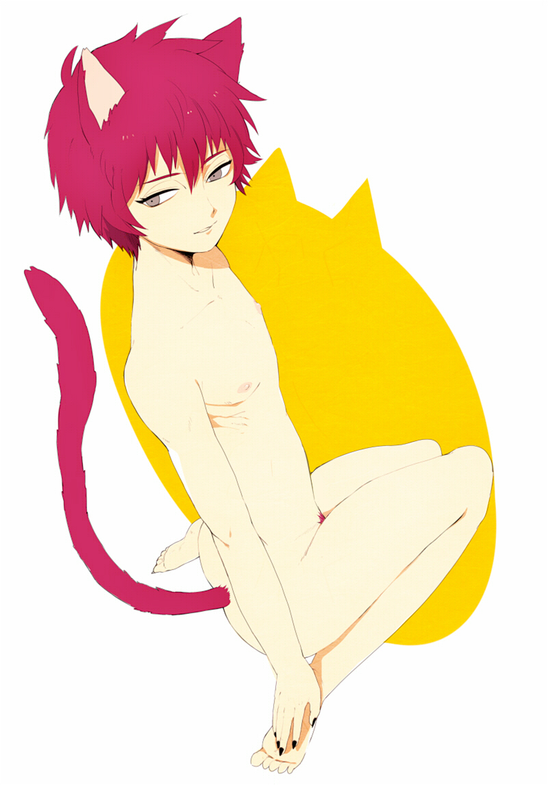 zukeban, sasori (naruto), naruto (classic), naruto (series), naruto shippuuden, bad id, bad pixiv id, 1boy, akatsuki (naruto), androgynous, animal ears, cat boy, cat ears, cat tail, grey eyes, kneeling, looking back, male focus, nipples, nude, pubic hair, red hair, short hair, solo, tail