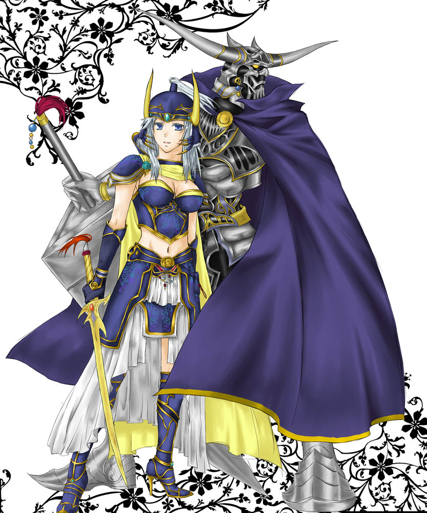 digifork, garland (ff1), warrior of light (ff1), dissidia final fantasy, final fantasy, final fantasy i, gender request, 1boy, 1girl, armor, boots, breasts, cape, cleavage, couple, genderswap, gloves, grey hair, helmet, high heels, long hair, midriff, navel, shoes, sword, weapon