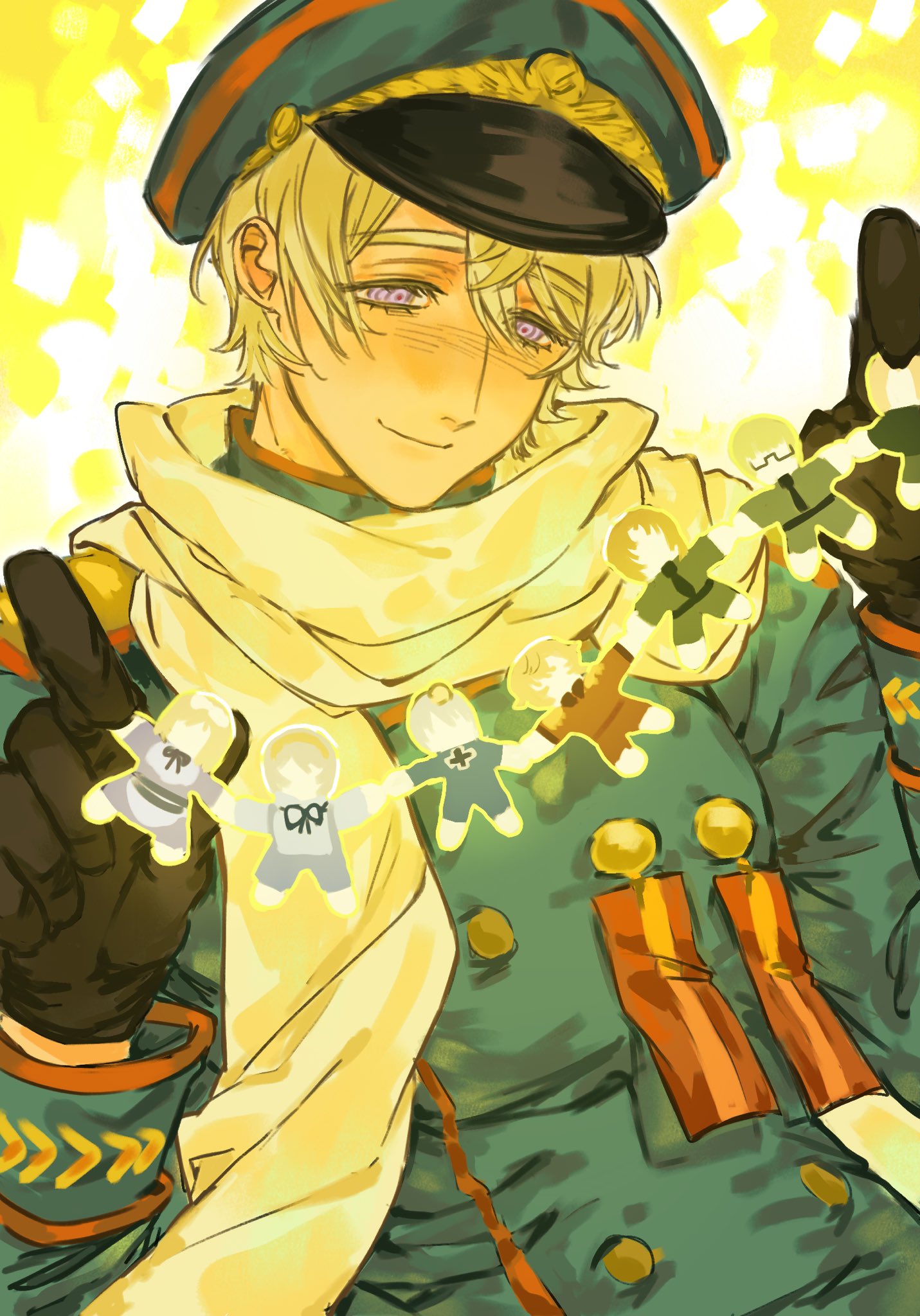 belarus (hetalia), estonia (hetalia), latvia (hetalia), lithuania (hetalia), poland (hetalia), prussia (hetalia), russia (hetalia), ukraine (hetalia), axis powers hetalia, commentary, english commentary, highres, 1boy, black gloves, blonde hair, blue hat, blue jacket, blush, buttons, closed mouth, gloves, hair between eyes, hands up, hat, holding, jacket, leather, leather gloves, long sleeves, looking at object, looking down, male focus, medal, military, military hat, military jacket, military uniform, peaked cap, purple eyes, red pupils, ringed eyes, scarf, short hair, smile, solo, soviet army, two-tone background, upper body, verysoftpigeon, white background, white scarf, yellow background