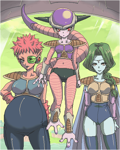arai kuma, dodoria, frieza, zarbon, dragon ball, dragonball z, lowres, 3girls, alien, belly, bodysuit, braid, breasts, facing viewer, floating, genderswap, genderswap (mtf), green hair, green sky, jaggy lines, legs, looking at viewer, medium breasts, midriff, multiple girls, pink hair, pointy ears, ponytail, red eyes, scouter, sky, small breasts, spiked hair, tail, thighhighs, thighs