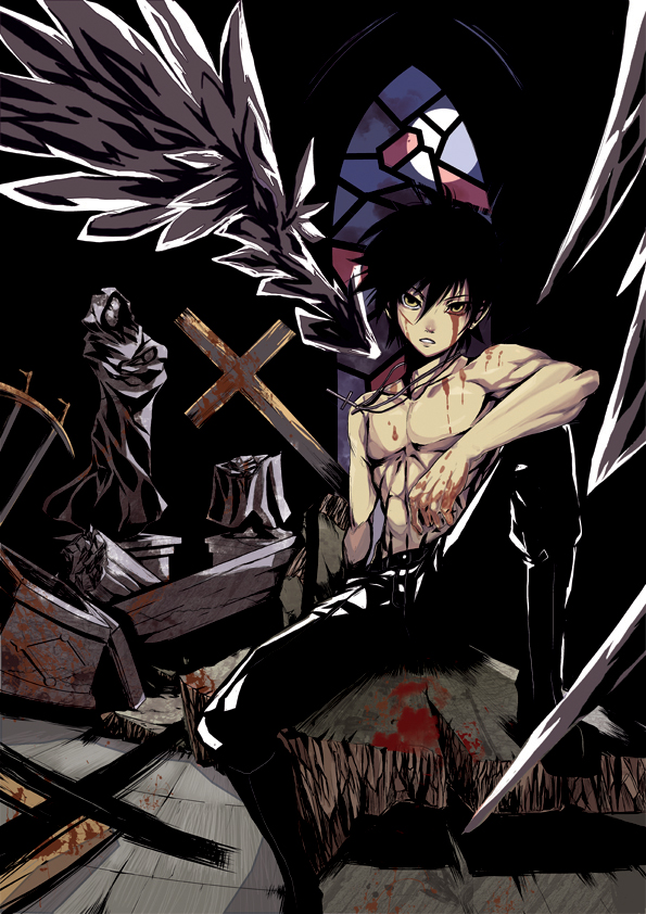 teddypocky, original, 1boy, abs, black hair, blood, cross, indoors, jewelry, male focus, muscular, necklace, solo, wings, yellow eyes