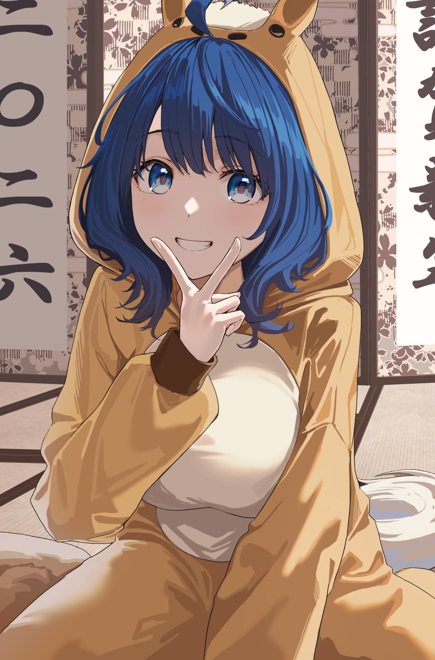 hiruno ushiro, yanami anna, make heroine ga oo sugiru!, commentary request, highres, 1girl, ahoge, animal costume, blue eyes, blue hair, hood, hood up, horse costume, horse hood, indoors, looking at viewer, medium hair, new year, sitting, smile, solo, tatami, v, v over mouth