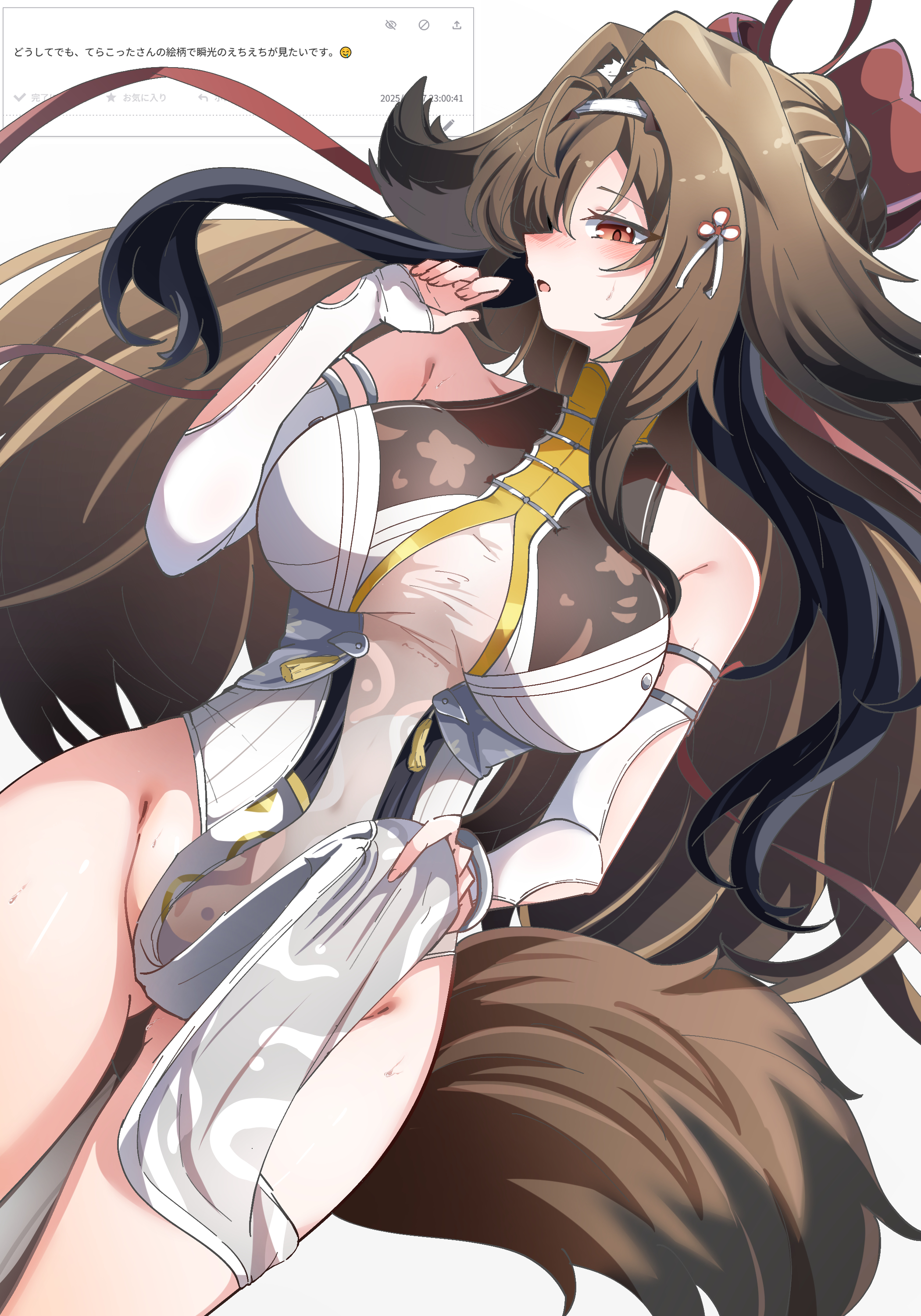 caseee999, ye shunguang, odaibako, zenless zone zero, absurdres, commentary, highres, 1girl, animal ear fluff, animal ears, armlet, bare shoulders, blush, bracelet, breasts, brown hair, brown tail, china dress, chinese clothes, clothes lift, clover, clover hair ornament, covered navel, cowboy shot, dress, droopy ears, fan request, gluteal fold, hair ornament, hairband, jewelry, large breasts, long hair, looking at viewer, metal bracelet, open mouth, pelvic curtain, pelvic curtain lift, red eyes, request inset, see-through clothes, silver armlet, silver bracelet, simple background, solo, sweat, tail, very long hair, white background, white dress, white hairband