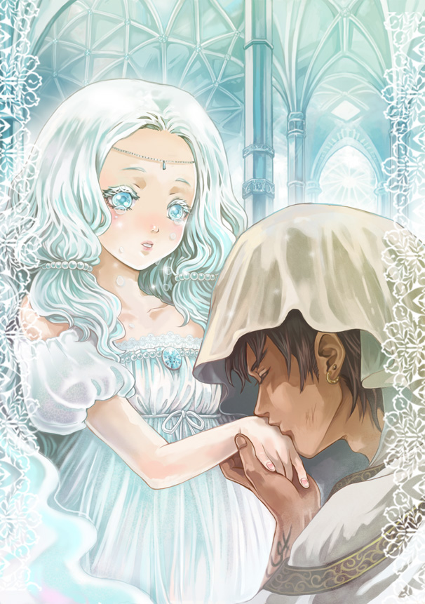 chiko (d04099), original, bad id, bad pixiv id, 1boy, 1girl, blue eyes, blue hair, blush, brown hair, cloak, dark skin, diamonds, dress, earrings, gem, hair ornament, hetero, hood, jewelry, kiss, kissing hand, long hair, nail polish, pearl (gemstone), pink nails, princess, queen, tattoo, tears, twintails