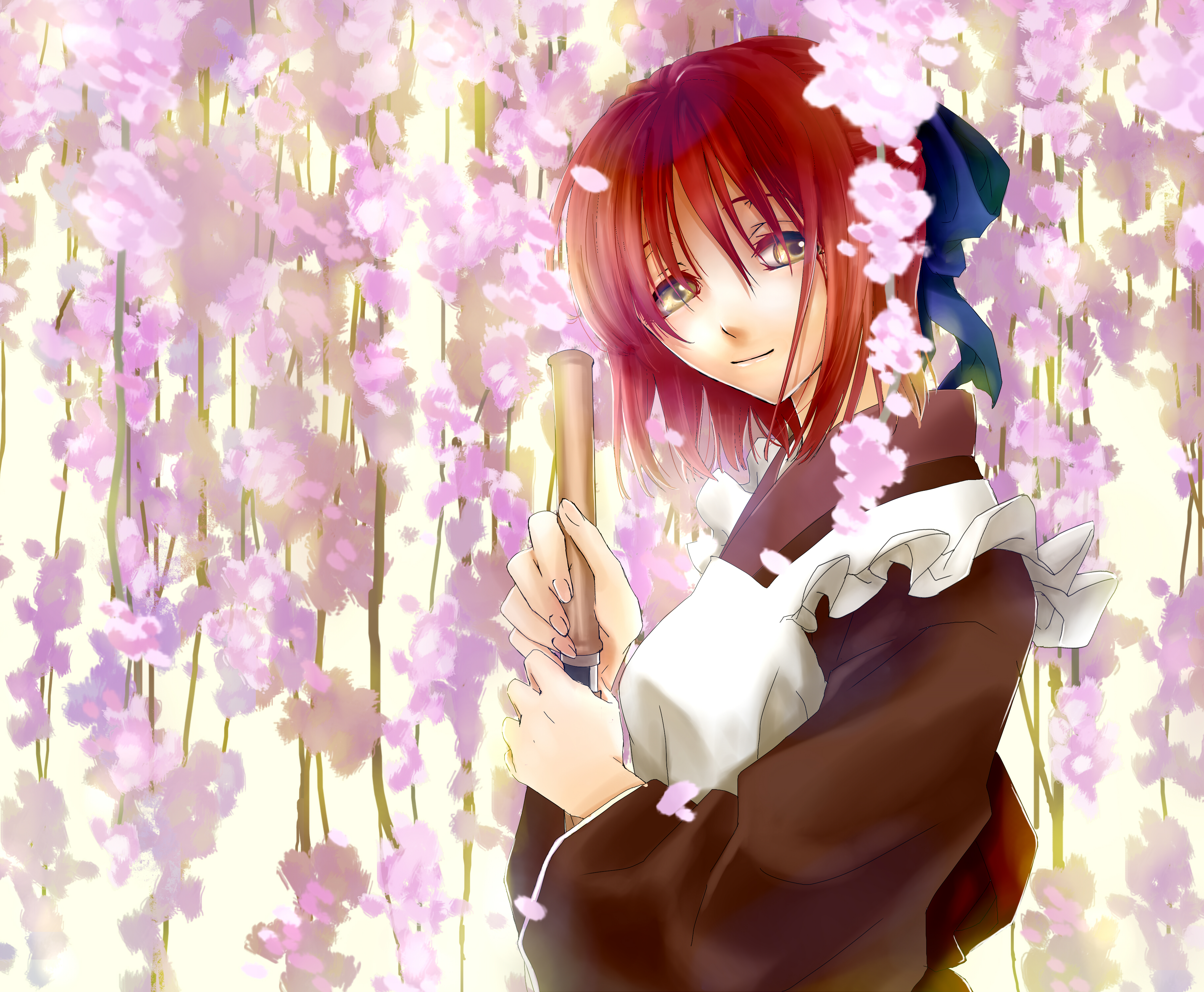 a-ki, a-ki (pixiv311645), kohaku (tsukihime), tsukihime, type-moon, absurdres, highres, 00s, apron, broom, cherry blossoms, concealed weapon, japanese clothes, kimono, red hair, ribbon, sad, sheath, smile, solo, sword, unsheathing, weapon, yellow eyes