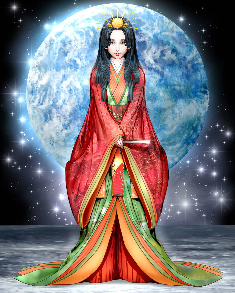 kaguya hime, taketori monogatari, commentary request, highres, 1girl, black hair, character name, earth (planet), gold tiara, hand fan, hikimayu, hime cut, holding, holding fan, japanese clothes, kimono, lips, lipstick, long hair, looking at viewer, makeup, moon, obi, omangarl, on moon, pale skin, planet, red eyes, red kimono, red lips, sash, space, sparkle, star (sky), tiara